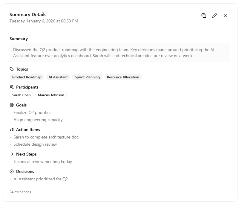 Detailed meeting summary with key points and action items